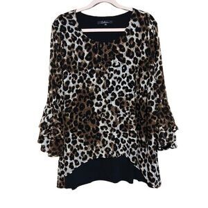 NWT Calessa Top Womens 3X Leopard Animal Print 3/4 Bell Sleeve Boho Artsy